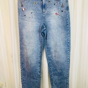 Karl Lagerfeld Paris Embellished Skinny Jeans Blue Rhinestone Charm Bonjour Sz 6